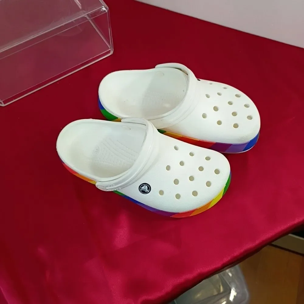 Crocs Men's SZ 5 Women's SZ 7 Rainbow Pride White Slip On Shoes Sandals